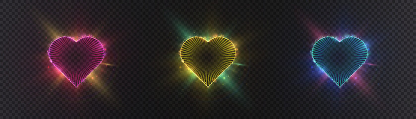 Poster - Set of hearts with bright neon rays illumination on black background for Valentine's Day illustrations and romantic design. Vector