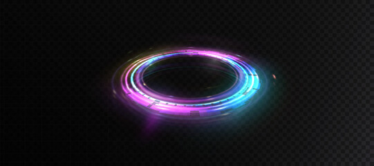 Fototapete - Bright neon light around teleport podium. Bright colorful glowing portal light effect. Magic gate in fantasy game. Glow for game interface design. Vector 10 EPS