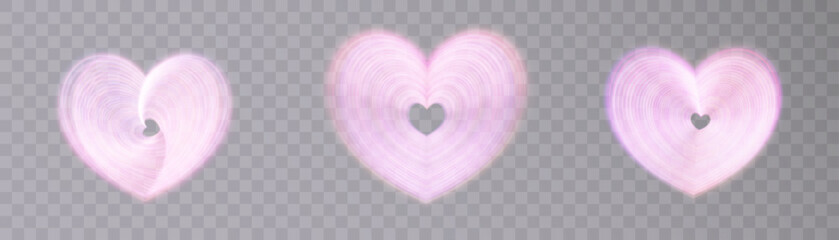 Poster - Set of hearts with bright neon rays illumination on black background for Valentine's Day illustrations and romantic design. Vector
