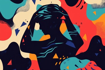 Leinwandbilder - Person experiencing pain in head or back amidst abstract waves and geometric shapes at an artistic location. Generative AI