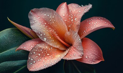 Wall Mural - A delicate pink tropical flower glistens with water droplets against a dark green backdrop, showcasing the beauty of nature in this close-up image