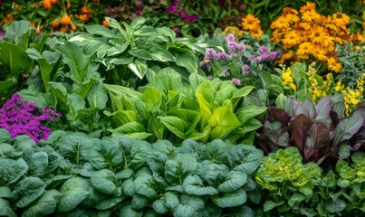 Wall Mural - A lush garden filled with leafy greens and colorful flowers , rustic decor, botanicals, outdoor living, nature, greenery