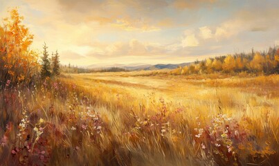 Wall Mural - A golden light-filled field of tall grasses and wildflowers on a warm autumn day, field landscape, fall colors