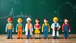 © Pete - Wooden figurines representing different professions stand in row on wooden surface. Colorful figures wear various uniforms signifying diverse jobs like construction workers, doctors, office workers.