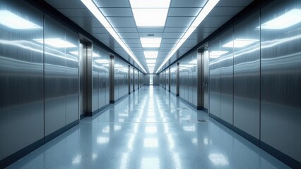  A luminous corridor stretches with silver elevator doors aligned in elegant symmetry. Above, a pristine white square ceiling casts soft reflections, enhancing the sleek modern ambiance