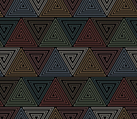 Wall Mural - Seamless repeating pattern with an ethnic modern design of decorative spiral triangles made up of small multicolored circles and thin lines on a black background. Abstract vector illustration.