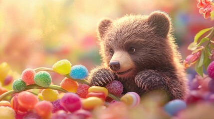 Wall Mural - Adorable brown bear cub amidst colorful candies in a vibrant, sunlit garden.