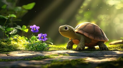 Wall Mural - Cute cartoon turtle near purple flowers in sunlit forest.