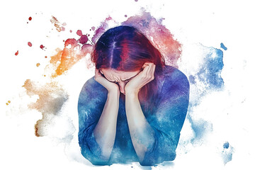 Wall Mural - depressed woman with headache in watercolor isolated on white or transparent png