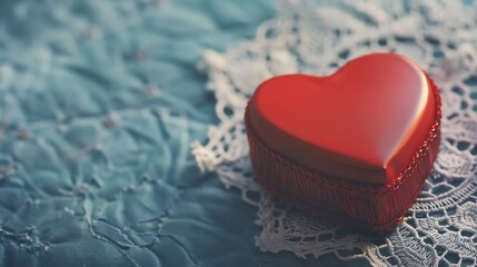 Canvas Print - A small red heart-shaped gift box resting on a lace doily