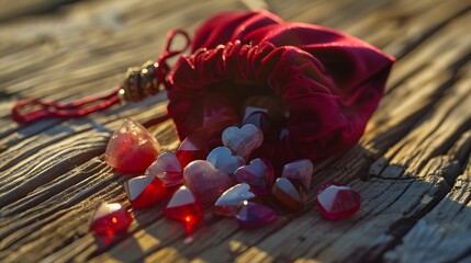 Canvas Print - A small red velvet pouch filled with heart-shaped gemstones, lying on a wooden surface