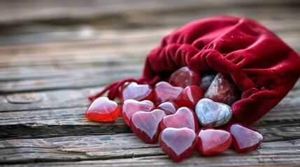 Canvas Print - A small red velvet pouch filled with heart-shaped gemstones, lying on a wooden surface