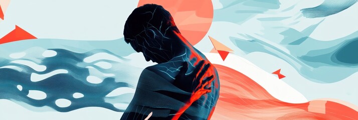 Leinwandbilder - Person experiencing pain while surrounded by abstract waves and geometric shapes representing struggle and discomfort. Generative AI