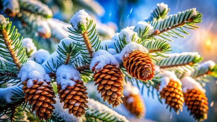 Wall Mural - Winter Wonderland: Close-Up of Snow-Covered Fir Branch with Cones