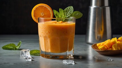 Wall Mural - A glass of orange smoothie made with carrot, orange, and mango, with floating ice cubes and a sprig of fresh mint. 