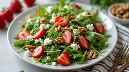 Wall Mural -  A plate of light salad with arugula, strawberries, walnuts, and goat cheese. F