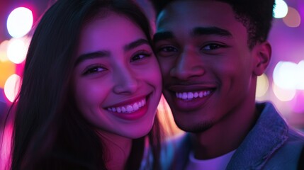 Young multiracial couple smiling together in vibrant night lights