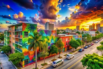 Wall Mural - Wynwood Miami Street Art Double Exposure: Vibrant Colors, Sky, and Trees