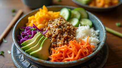 Wall Mural - A beautifully arranged vegan Buddha bowl with quinoa, chickpeas, avocado, roasted vegetables, and fresh greens. 