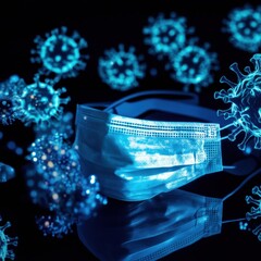 Fototapete - Protective mask and gloves surrounded by fading virus representations in a dark setting. Generative AI