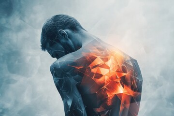 Aufkleber - Person expressing discomfort with sharp geometric shapes and abstract waves suggesting pain. Generative AI