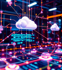 illustration showcasing a cloud computing system interconnected with data networks, depicted in vivi