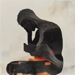 Aufkleber - Person experiencing discomfort with abstract waves and geometric shapes symbolizing pain in a dynamic artistic representation. Generative AI