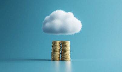 Wall Mural - A white fluffy cloud above a stack of gold coins, symbolic of cloud computing revenue.