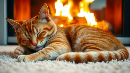 Wall Mural - A cute orange tabby cat rests peacefully on a fluffy rug by a warm fireplace, embracing the homely and tranquil vibes of a cozy evening ambiance.