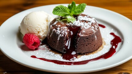 A decadent molten lava cake with rich chocolate oozing out, served on a white plate with a scoop of vanilla ice cream, Lava cake centered