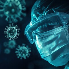 Poster - Health safety equipment with viruses in the background during a pandemic in a medical environment. Generative AI