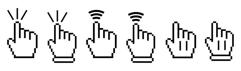 Wall Mural - Hand cursor icons with click and gesture variations, Pixelated hand cursor icons in pointer gestures, Pixelated hand cursor icons for retro games, pixel art, hand cursors, retro, 8-bit, pointer.