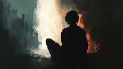 Aufkleber - Person in shadow experiences mental turmoil through abstract elements in a contrasting light. Generative AI