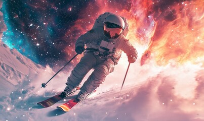 Wall Mural - astronaut skiing through a cosmic nebula landscape