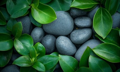 Smooth gray stones nestled among vibrant green leaves