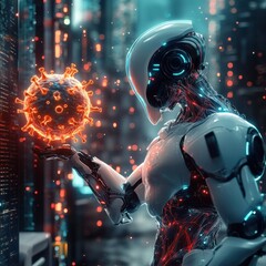 Fototapete - Robots engage in innovative virus neutralization techniques in a futuristic urban environment. Generative AI