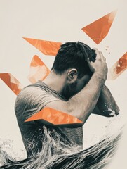 Leinwandbilder - Individual expressing distress while surrounded by abstract waves and sharp geometric shapes representing pain. Generative AI