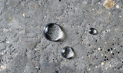 Wall Mural - Single droplet of water on a gray exposed aggregate floor, droplet, shiny, water