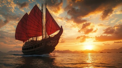 Wall Mural - Red sails junkship sunset ocean.