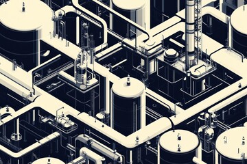 Aufkleber - Geometric industrial pattern showcasing oil tanks, pipes, and rigs in a complex arrangement. Generative AI