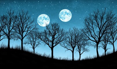 Wall Mural - Trees without leaves against the vastness of a clear starry sky, moonlit night, silhouetted trees, rustic landscape