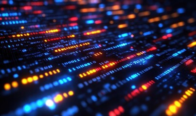 Abstract digital data flow with glowing binary code patterns in bright colors creating a futuristic technology background suitable for themes of innovation and programming