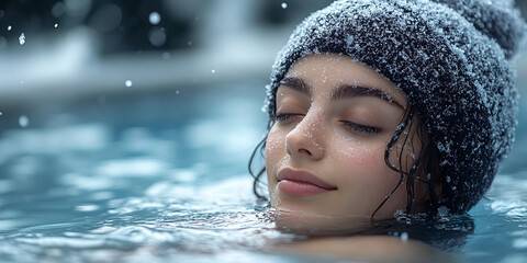 Wall Mural - portrait of a person in winter, portrait of a person in the pool, spa time