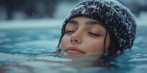 Wall Mural - portrait of a person in winter, portrait of a person in the pool, spa time