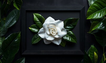 Wall Mural - Vibrant Blooming Gardenia Flower in Black Frame , ornamental plant, garden decor, floral arrangement