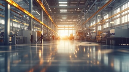 Wall Mural - A factory floor with large windows allowing natural light to flood in highlighting workers engaged in assembly and fostering a welcoming workplace atmosphere.