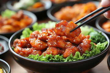 Wall Mural - Close-Up of Eating Chicken with Chopsticks