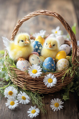 Wall Mural - A cheerful Easter centerpiece featuring a basket filled with painted eggs, fluffy chicks, and daisies, placed on a wooden table