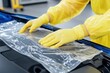 © Moopingz - A person wearing gloves applies plastic wrap over a car surface, highlighting careful preparation or protection in an automotive environment.