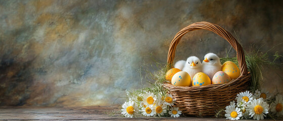 Wall Mural - A cheerful Easter centerpiece featuring a basket filled with painted eggs, fluffy chicks, and daisies, placed on a wooden table